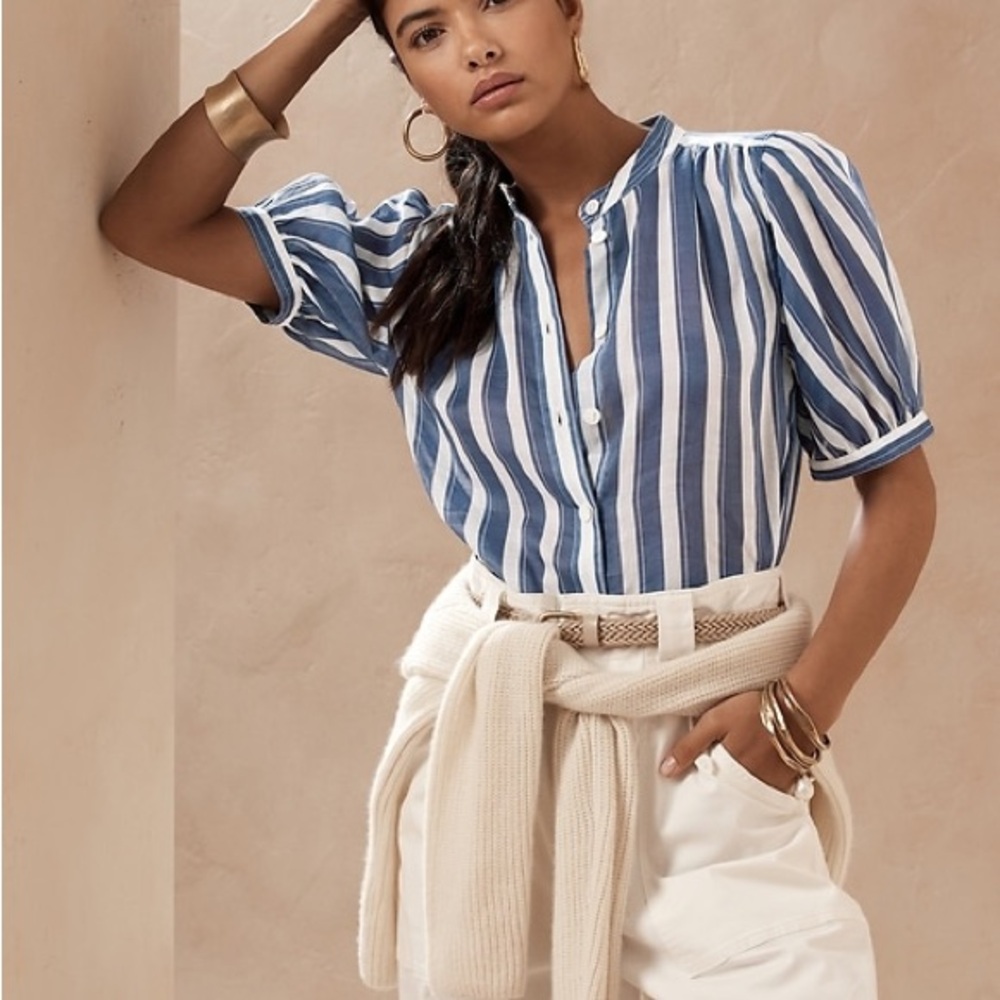 Banana Republic Blue and White Vertical-Stripe Short-Sleeve Blouse